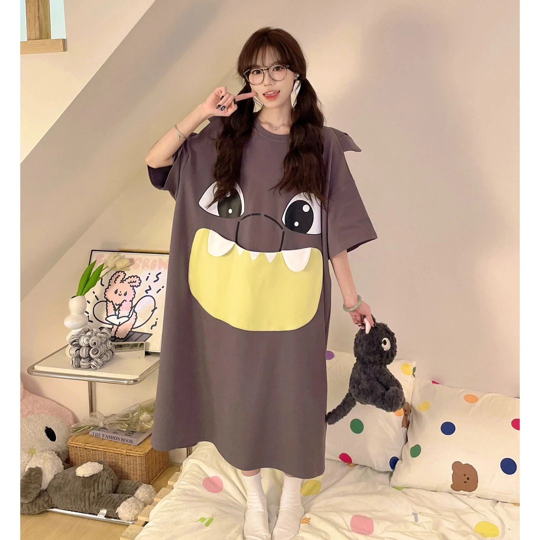 睡衣女夏季短袖薄款棉质可爱卡通无牙仔睡裙大码宽松家居服可外穿