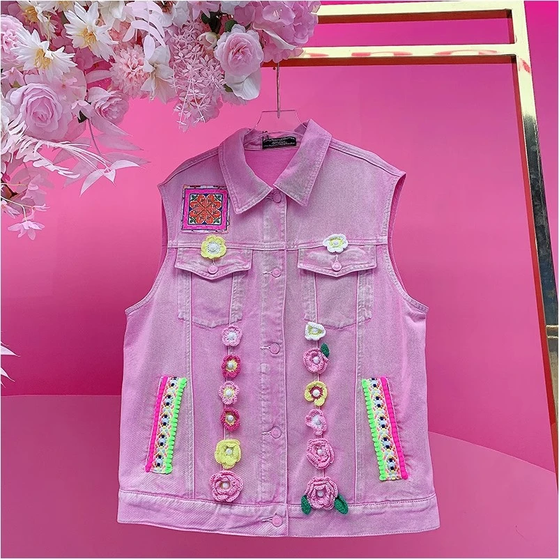 A1784欧美设计师2025夏季新款重工钉钻刺绣立体花朵休闲牛仔马夹