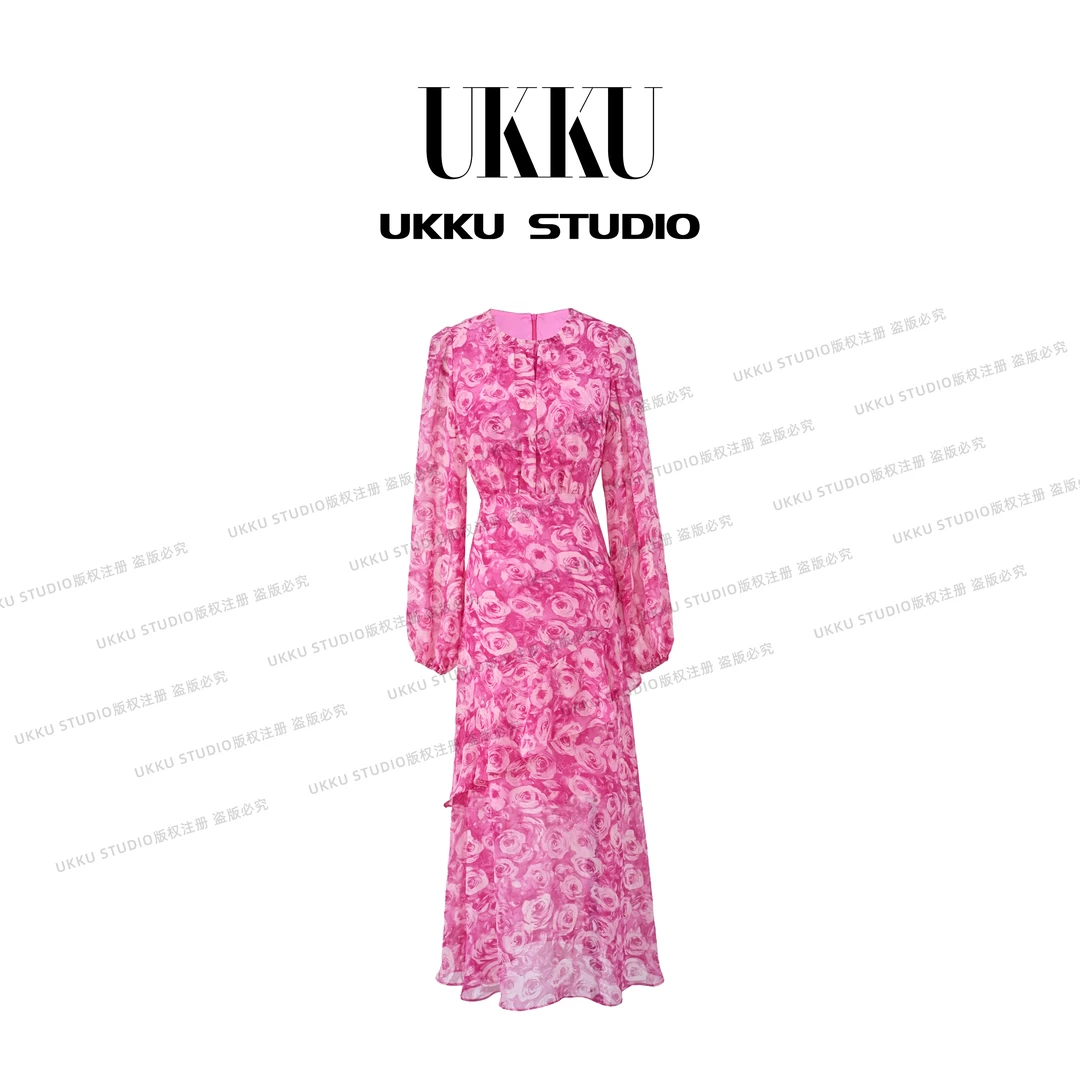 香香【UKKU STUDIO】【粉玫瑰】气质轻奢印花浪漫玫瑰花连衣裙914718