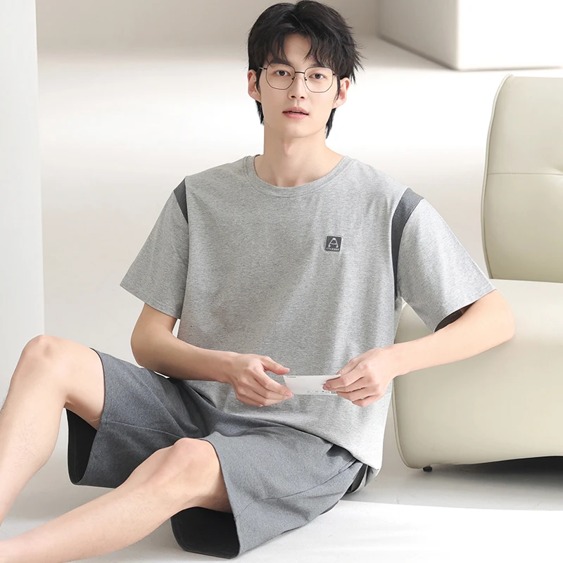 卡之恋男士睡衣夏季短袖圆领套头薄款纯棉灰色简约休闲套装家居服