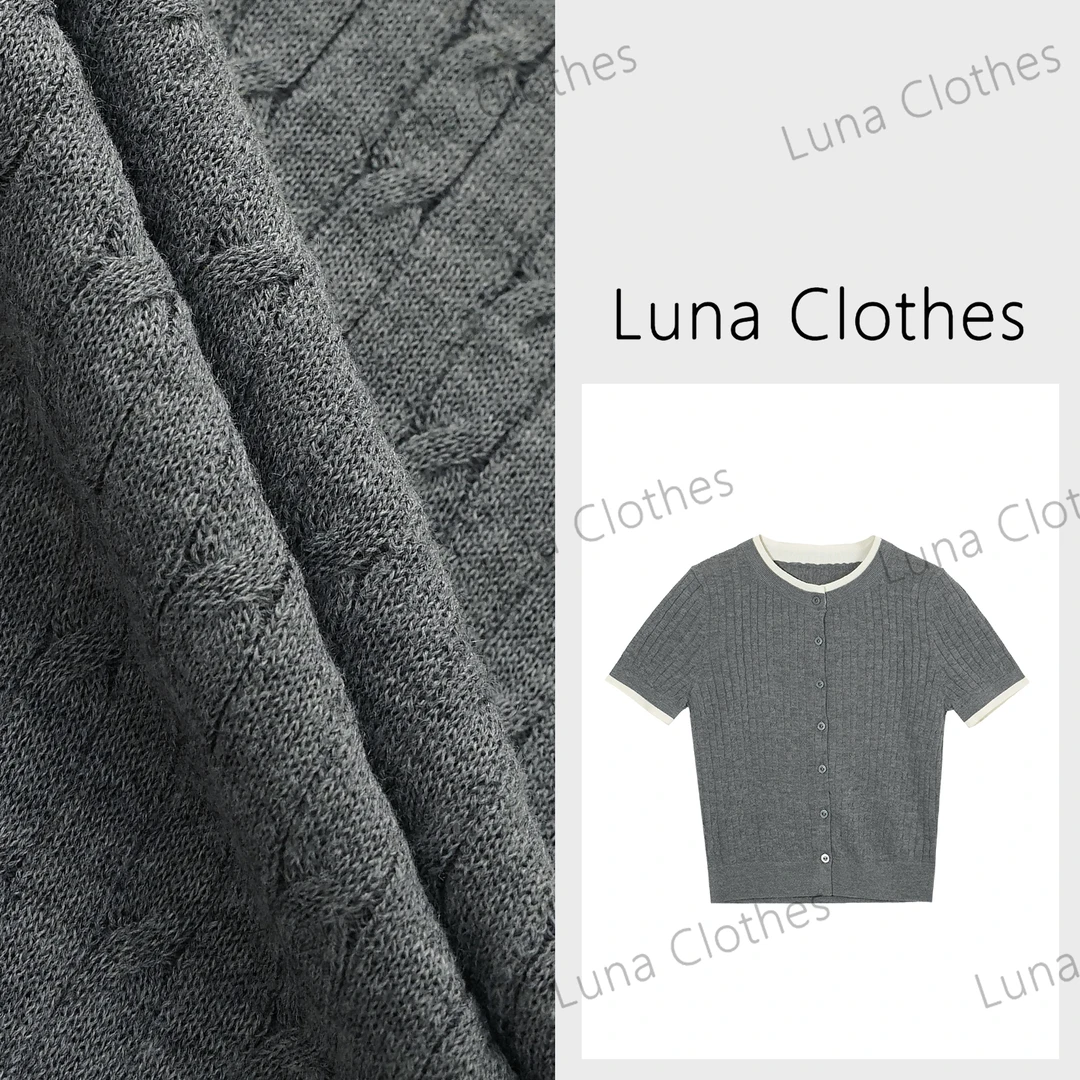 张妍LUNA羊毛混纺拼色轻薄时尚百搭短袖针织开衫YHLL001