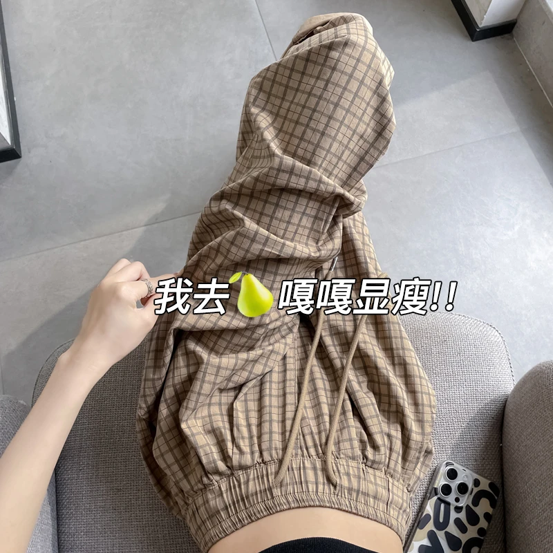 九分格子老爹裤女夏薄款棉质小个子高腰垂感梨形身材休闲哈伦裤子