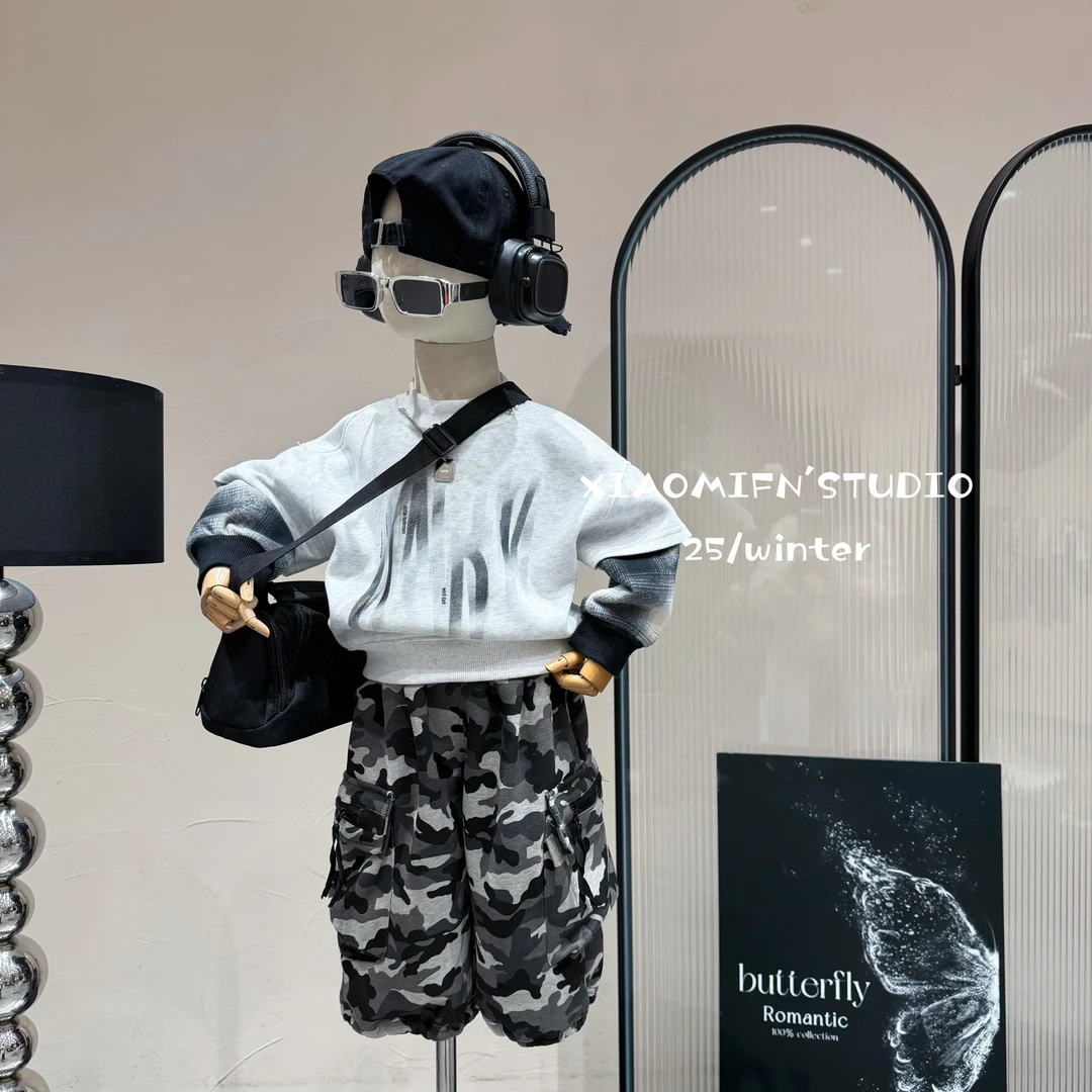 现货【实体品牌】2025假两件加绒卫衣秋冬新款韩版男儿童洋气12066