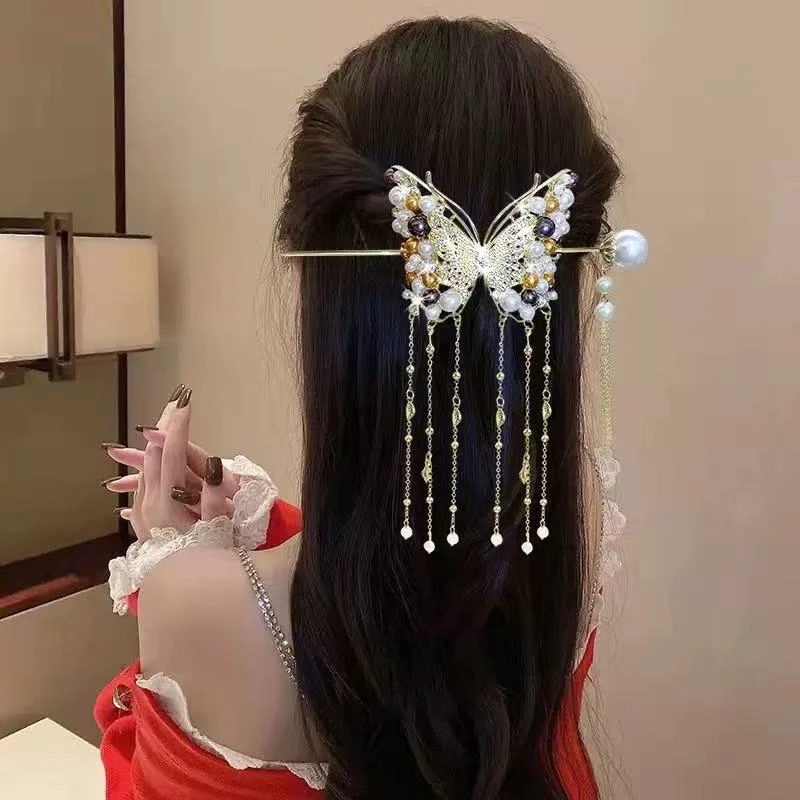 珠珠蝴蝶，新中式蝴蝶后压国风发饰发簪气质珠珠优雅超仙(7905)