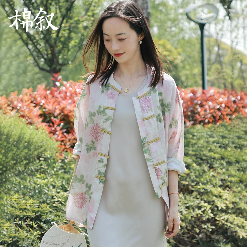 棉叙春夏新中式纯苎麻印花罩衫女宽松圆领盘扣长袖上衣15601