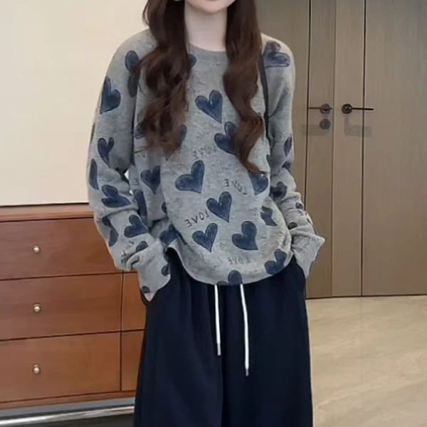 S0177新款慵懒风气质宽松针织衫设计感减龄套头爱心字母毛衣上衣