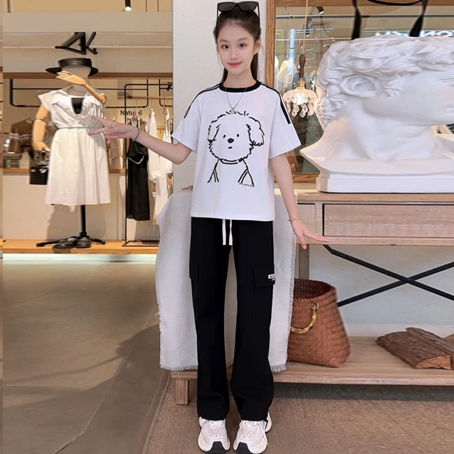 女童短袖T恤2025夏季新款洋气青少年女孩初高中学生休闲工装裤