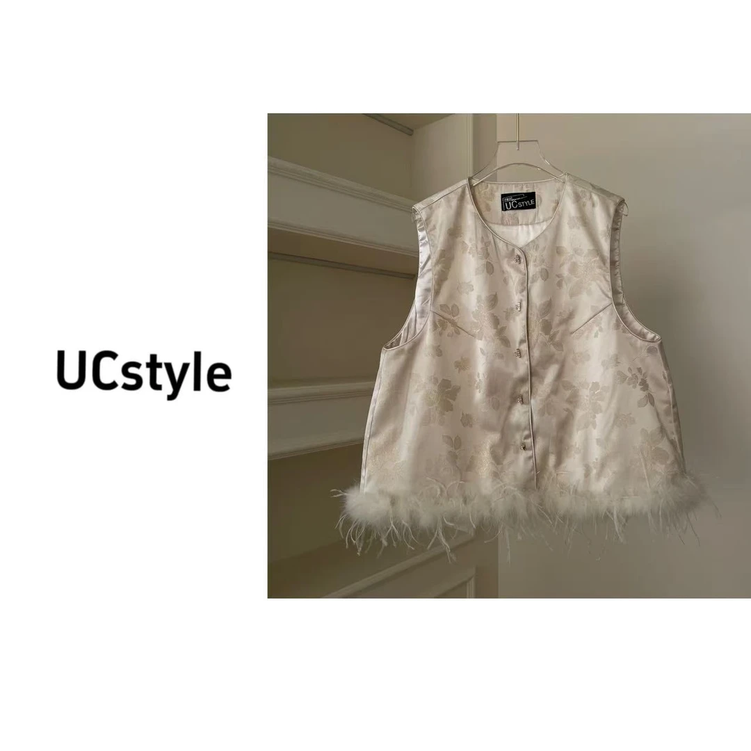 A7264竹节盘扣新中式拼接驼鸟毛流苏微薄棉马甲主播穿M码