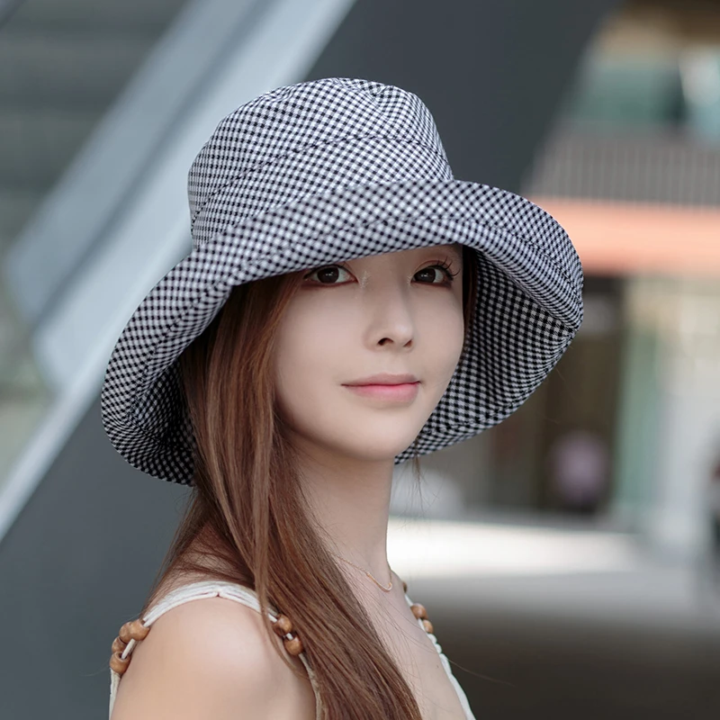 防晒帽子女夏季2025新款棉麻格子女士时尚百搭遮脸遮脸太阳渔夫帽
