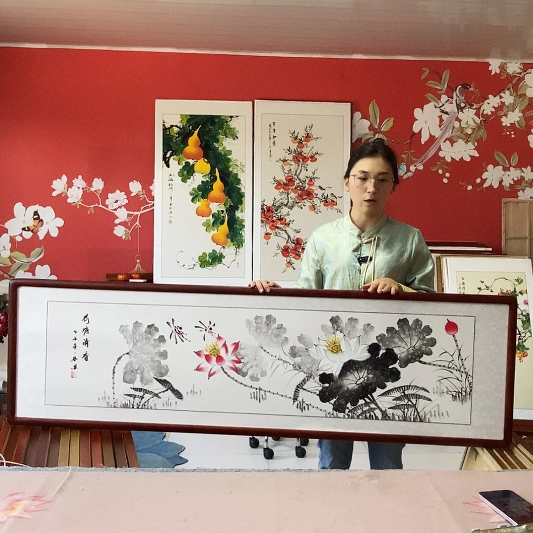国画手写手绘国画作品带框包邮47✖️162
