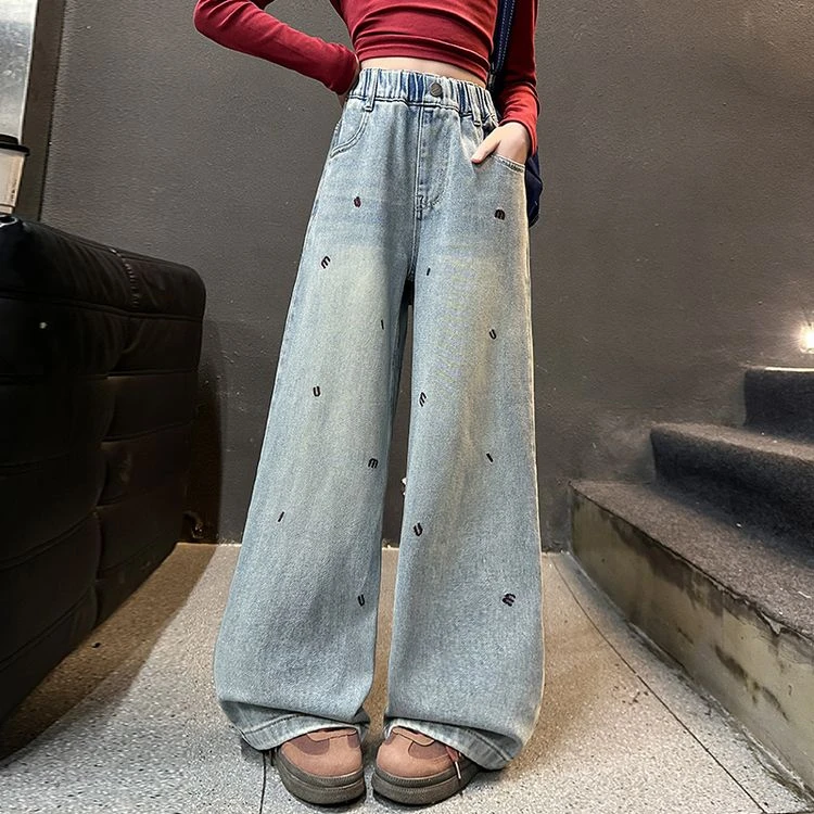 女童2025春装新款牛仔裤大童刺绣直筒裤初中生时髦洋气阔腿裤百搭