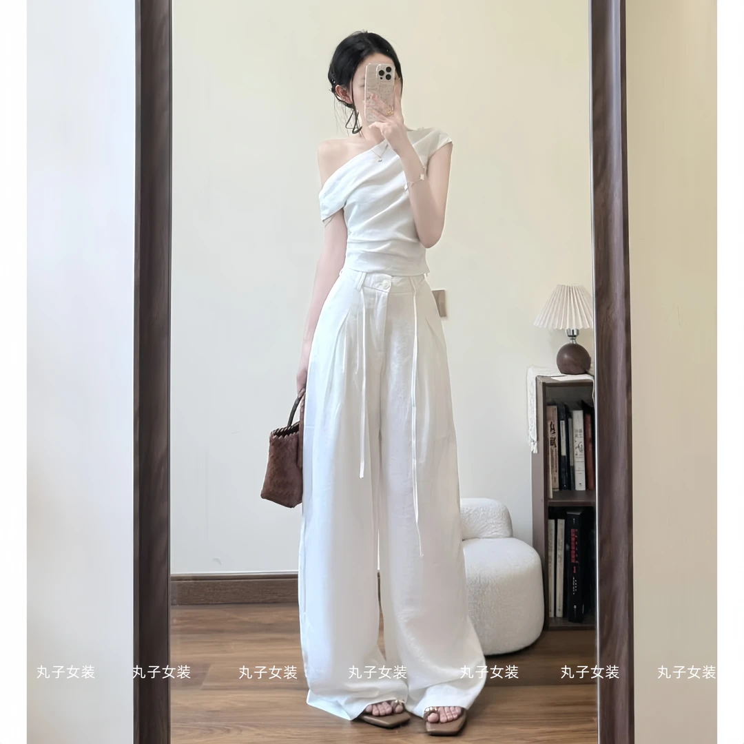 女装夏装套装2025新款爆款露肩修身短袖上衣气质高腰显瘦阔腿长裤