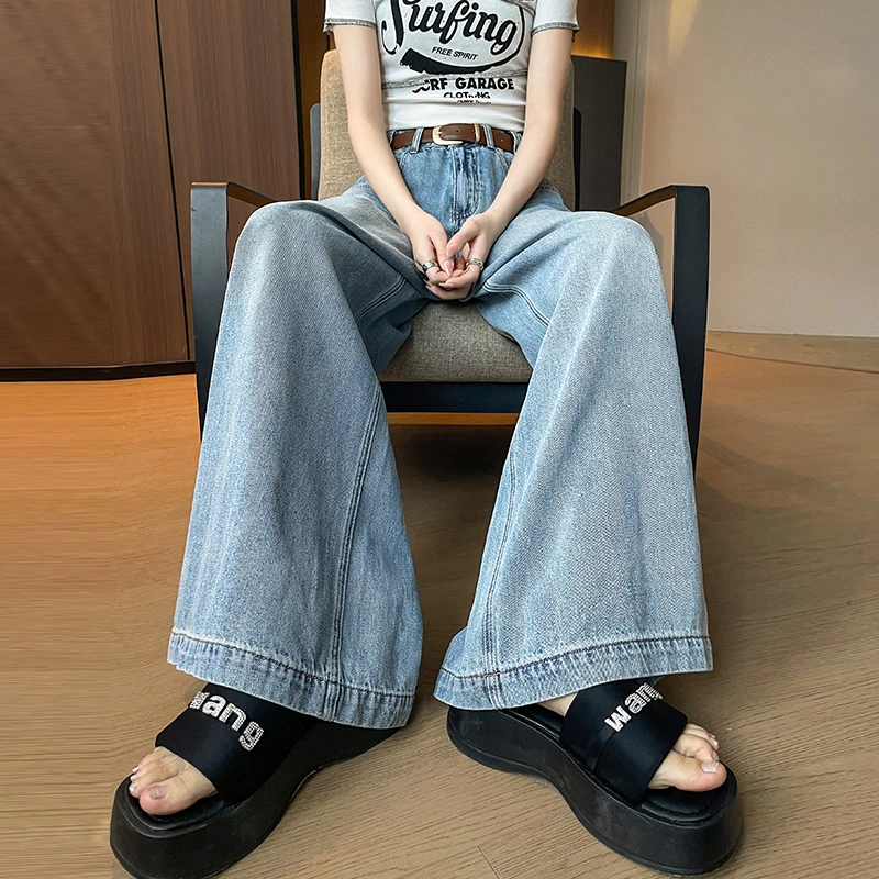 卜语 阔腿牛仔裤女高腰春新款复古宽松直筒显瘦牛仔大脚裤阔腿裤