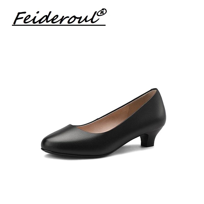 Feideroul头层牛皮高跟鞋不累脚职业工作鞋黑色圆头浅口细高跟鞋