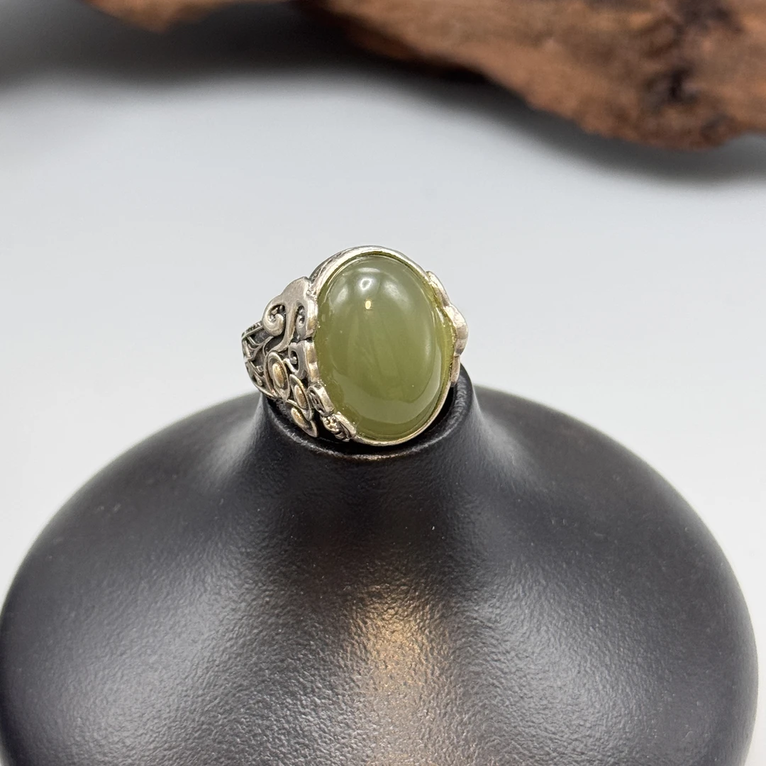 【佰万银庄】银925纯手工青玉戒指女士国朝国风古风民族风约10.2g