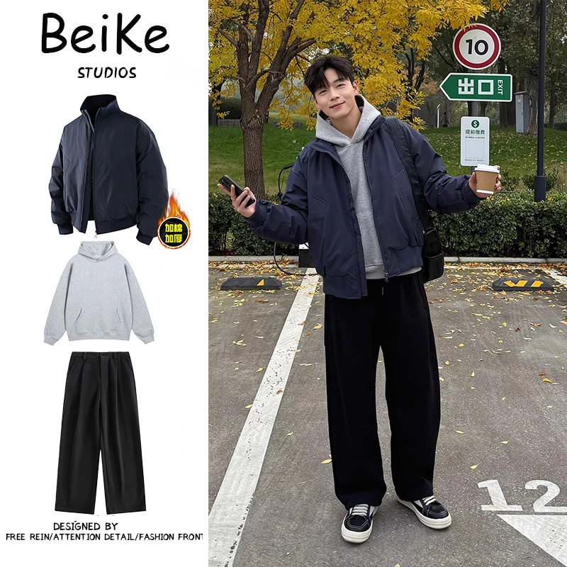 三件装/立领冬季新廓形棉衣美式短款bomber保暖棉服休闲纯色男生