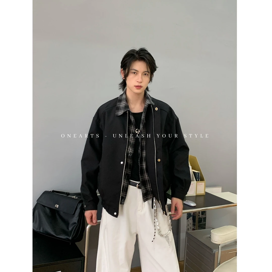 【ONEARTS夹克】假两件外套男春秋复古格子翻领宽松休闲百搭夹克