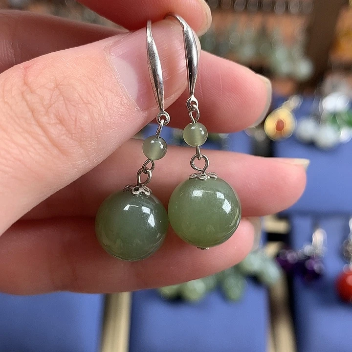 和田玉银S925镶嵌耳饰12左右晴水绿