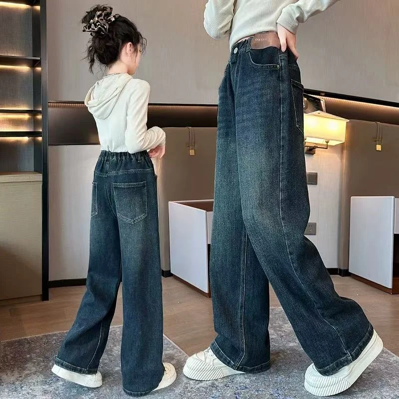 童装女童女孩牛仔裤春秋新款中大童休闲儿童直筒宽松女童阔腿裤子