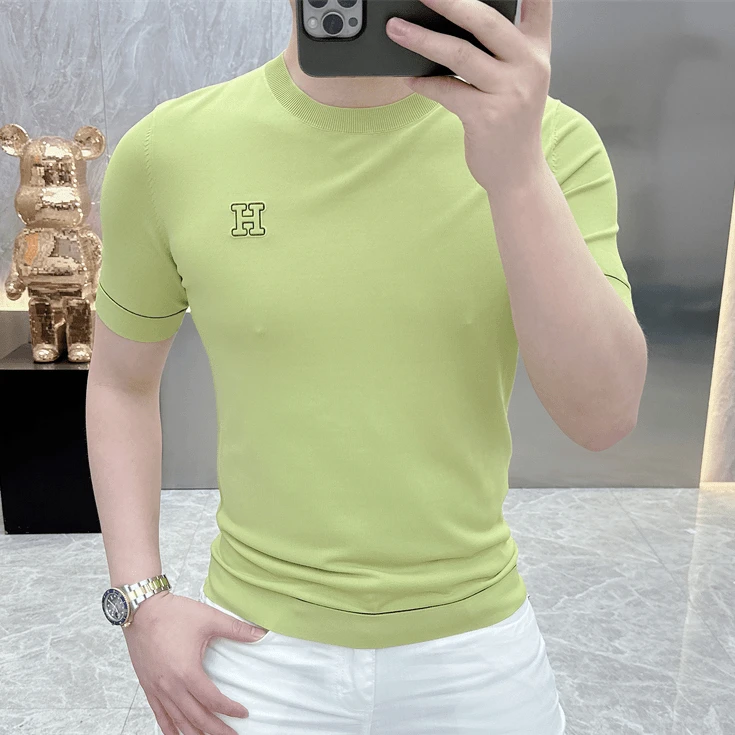 欧货针织短袖T恤男士纯色时尚百搭夏季半袖圆领薄款冰丝速干上衣