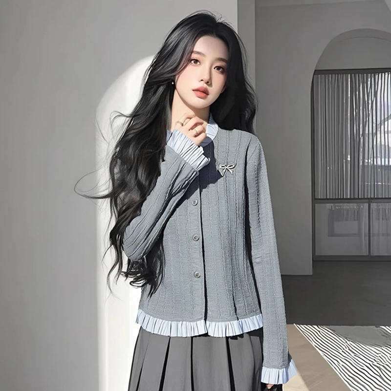 灰色假两件立领针织开衫女春季新款设计感拼接小个子荷叶边短上衣