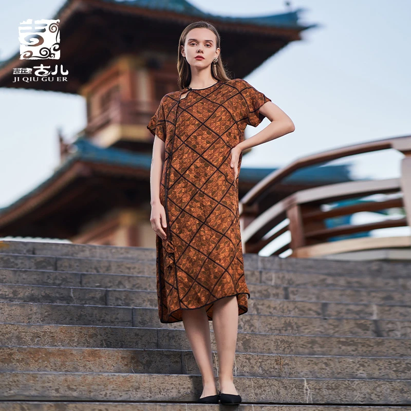 吉丘古儿原创提花连衣裙设计师款复古菱格花型宽松中长裙G232Y030