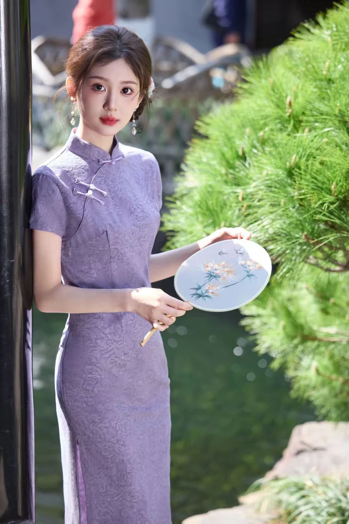 新款紫色修身优雅旗袍提花斜襟新中式日常复古风中长款夏