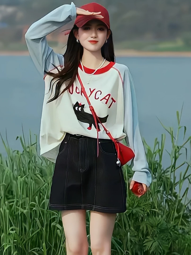 韩系插肩袖猫咪图案针织衫长袖T恤女夏季撞色洋气显瘦防晒衫上衣