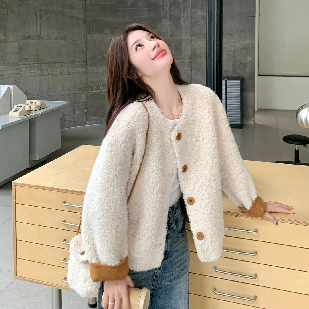 小个子皮毛一体圆领外套女2025冬季新款韩版宽松加厚保暖棉服潮