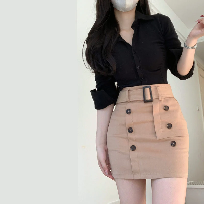 纯欲韩女冬加绒加厚磨毛弹力衬衫气质收腰衬衫纽扣设计包臀裙套装