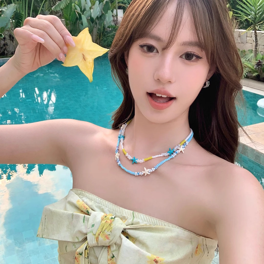 非金属玻璃项链 海边夏日海星串珠项链叠戴度假风多巴胺颈链配饰