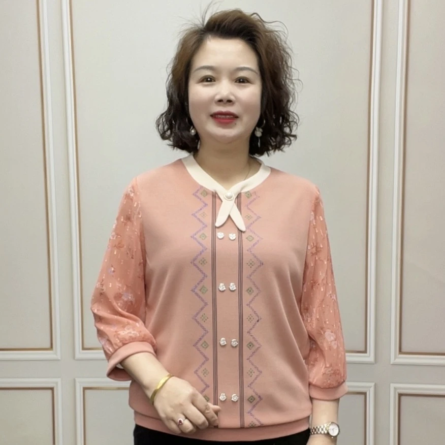 2025春夏七分袖时尚妈妈装气质宽松显瘦百搭洋气减龄中袖新款上衣