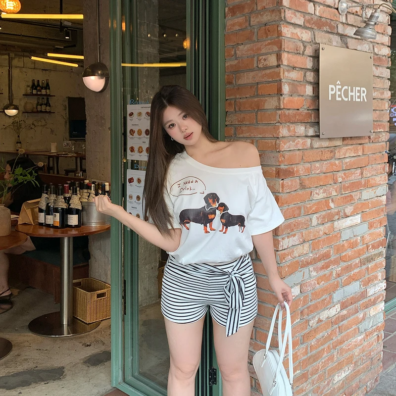 Yellowmoon【甜酷缠绦】条纹绑带高腰休闲裤大码辣妹风短裤DM1788