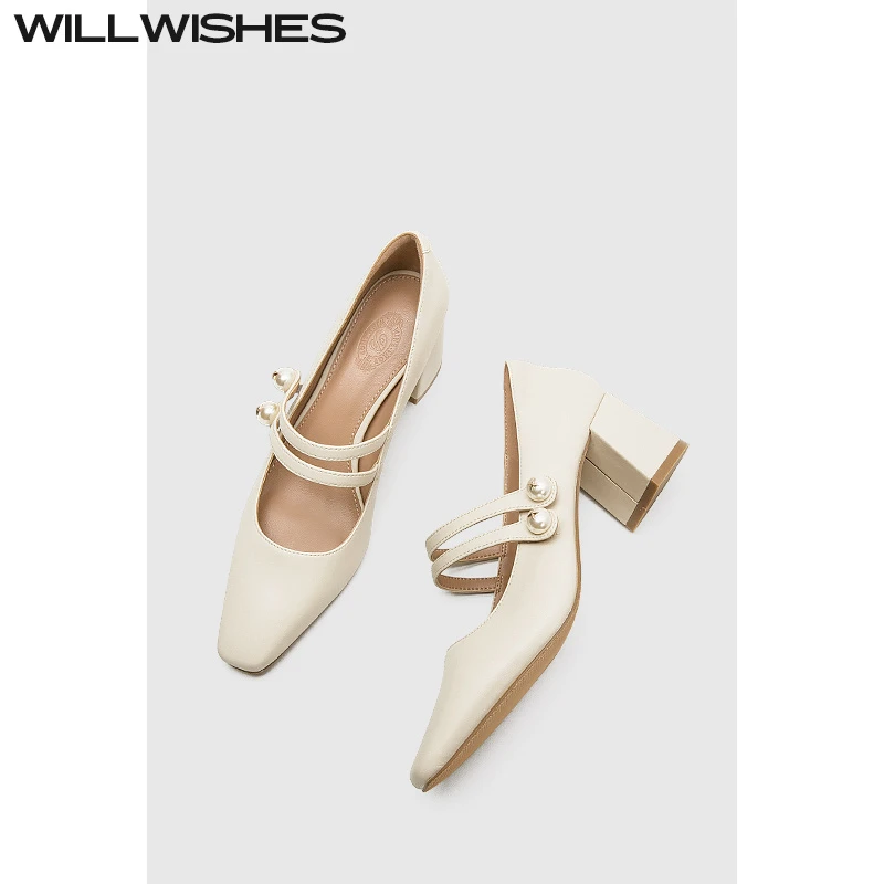 WILLWISHES/王玎设计女鞋2025春季新款方头浅口粗跟玛丽珍单鞋女