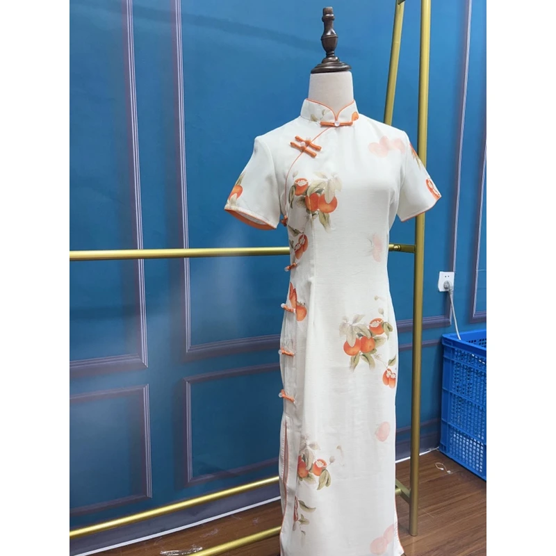 V-2596 好柿发生 绿色丝嘛 双层 夏款年轻款改良旗袍115cm长款