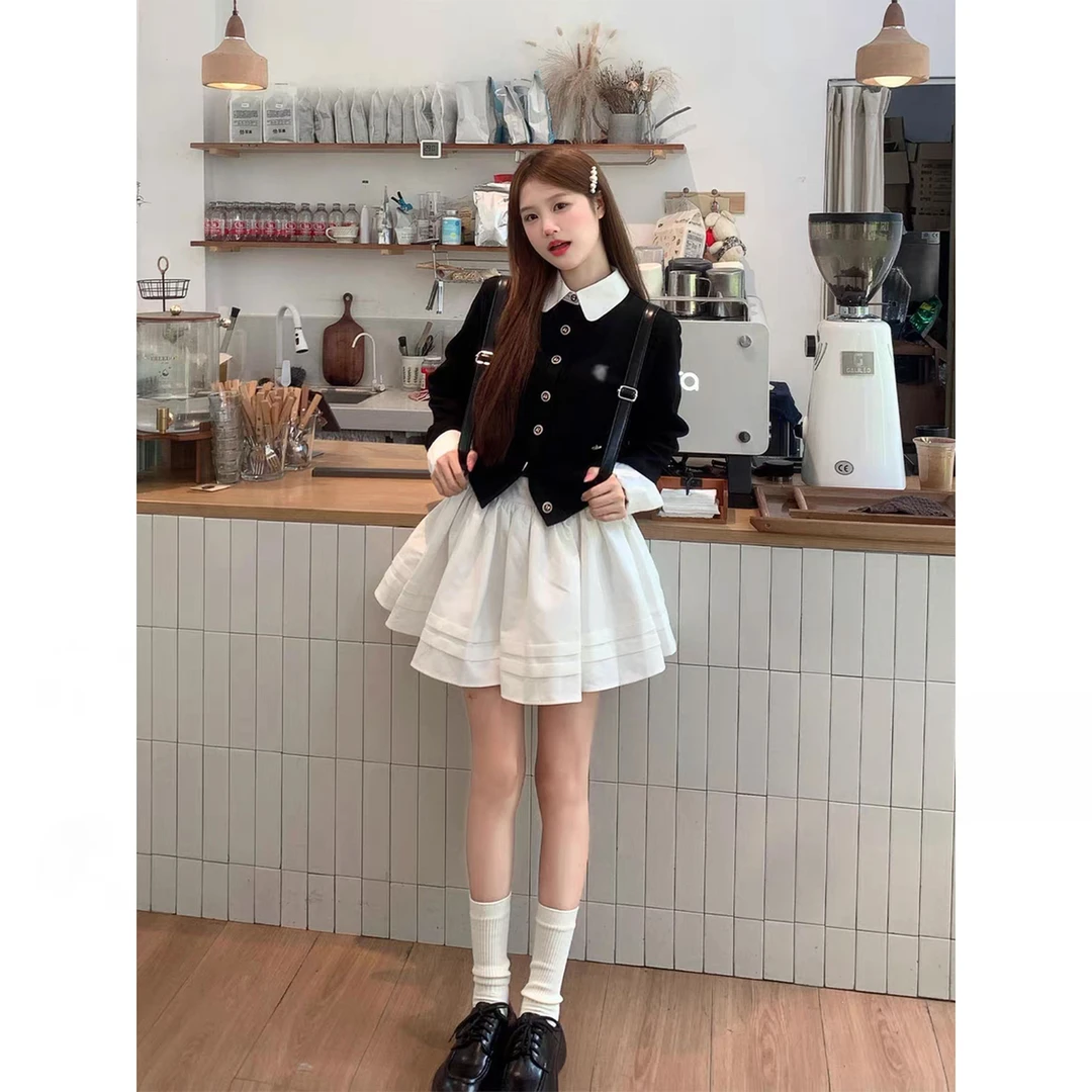 H2AN1 STUDIO撞色拼接假两件针织开衫毛衣外套白色半裙套装女秋冬