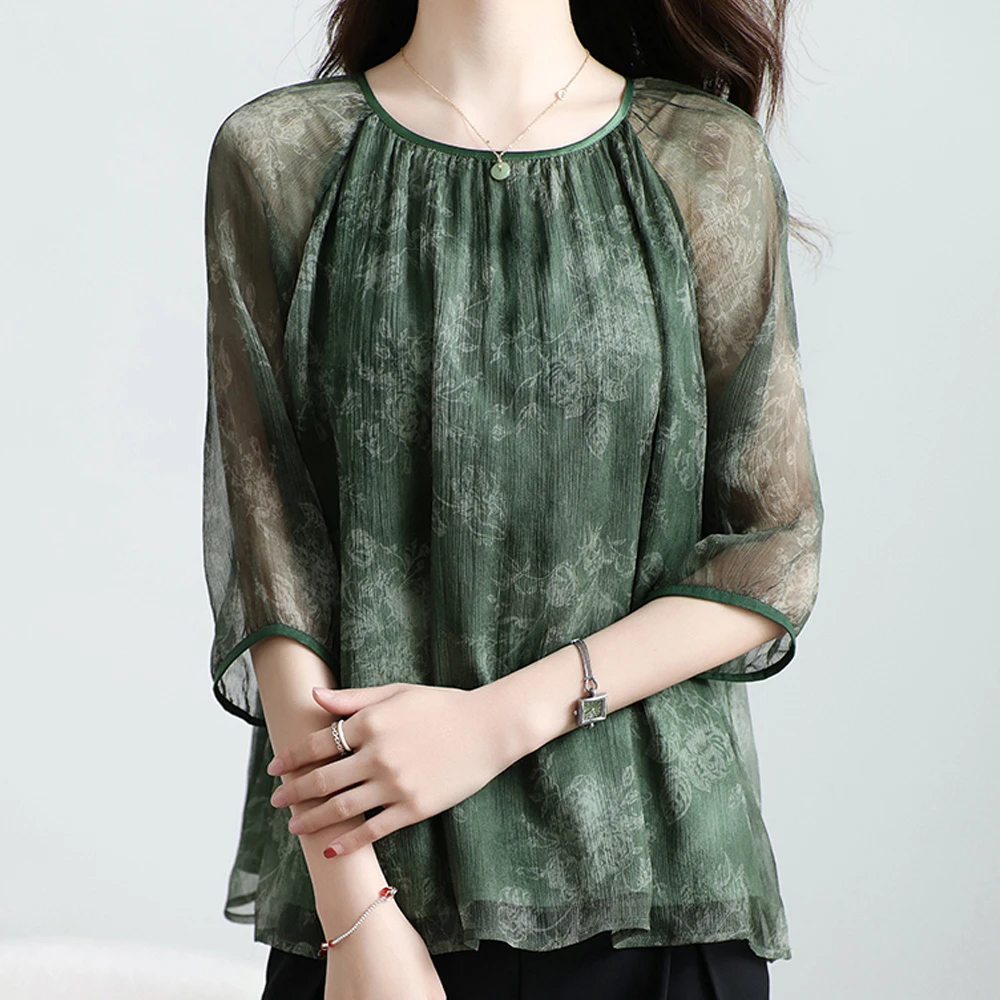 【白雪.荐选】桑蚕丝真丝显瘦衬衫女短袖新中式国风上衣C444