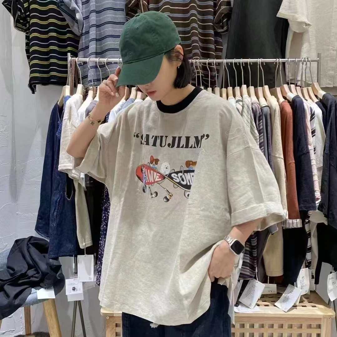印花宽松T恤半袖休闲风白色宽松型时尚ins圆领夏季杂志风
