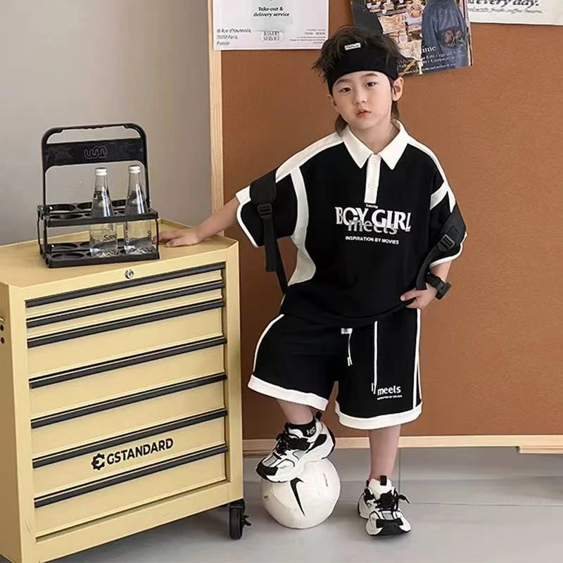 2025新款夏款儿童日韩系撞色拼接运动套装男童polo领时尚套装