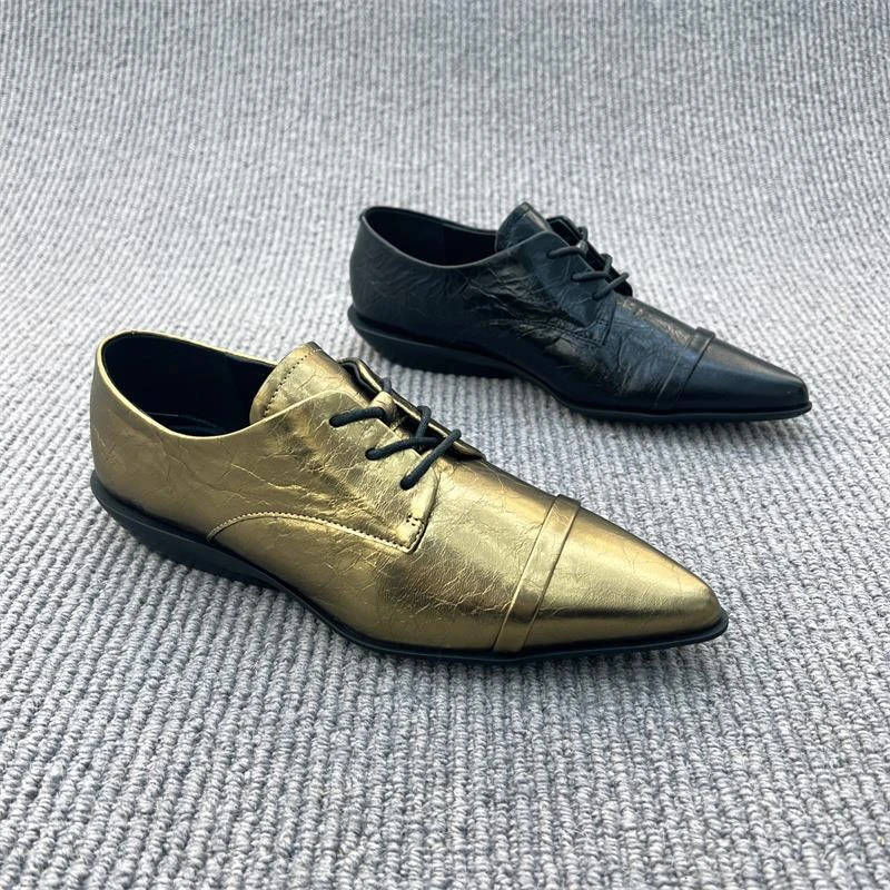 欧货女鞋2025春新款皮尖头深口单鞋女系带低跟布洛克金色小皮鞋