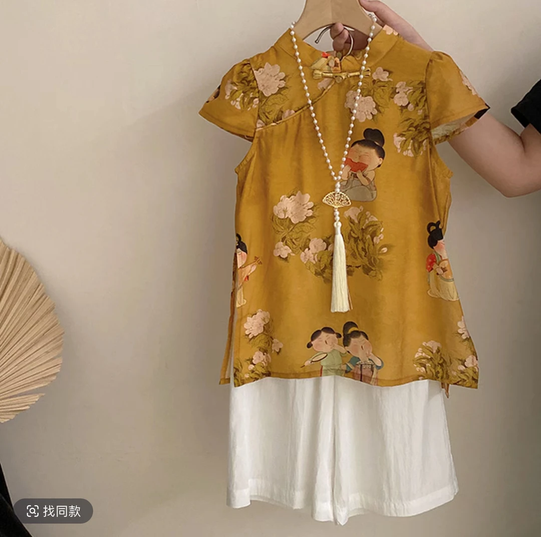 女童夏装新中式唐代仕女图旗袍裙休闲裤两件套D