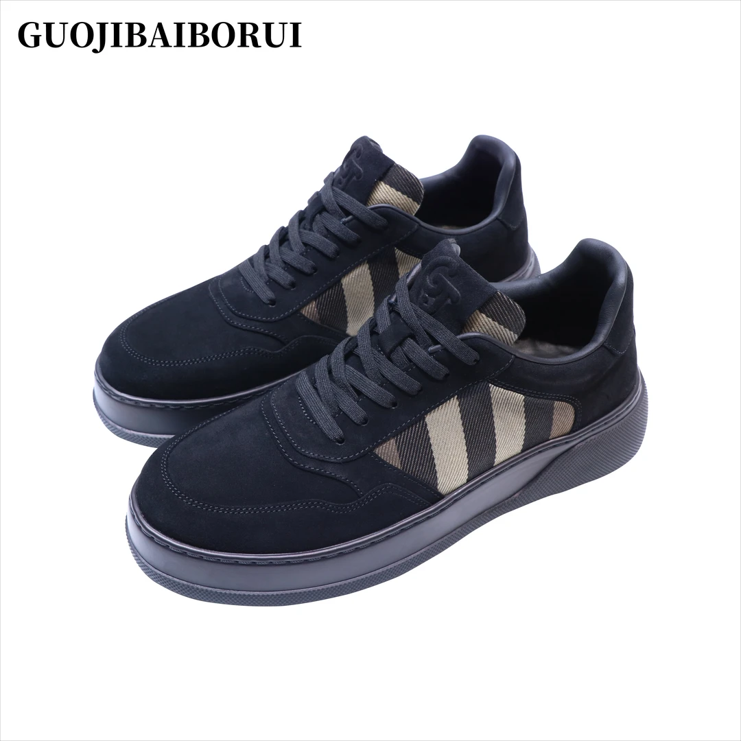 国际柏博瑞男士皮鞋低帮厚底真皮透气拼色休闲鞋潮流百搭增高板鞋