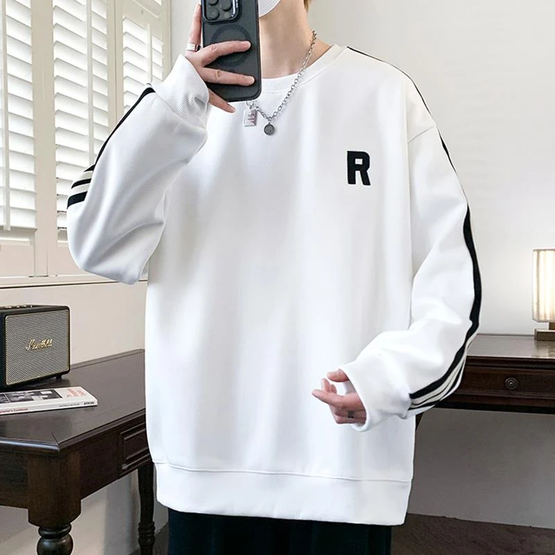 条纹运动卫衣男春秋款圆领长袖t恤男装爆款流行款百搭白色打底衫T