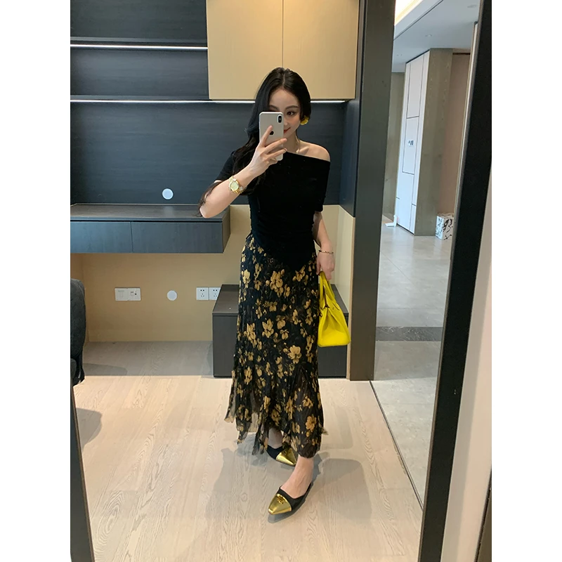 XINYI【花海】夏季印花雪纺高腰半身裙女显瘦百搭气质X625G04684