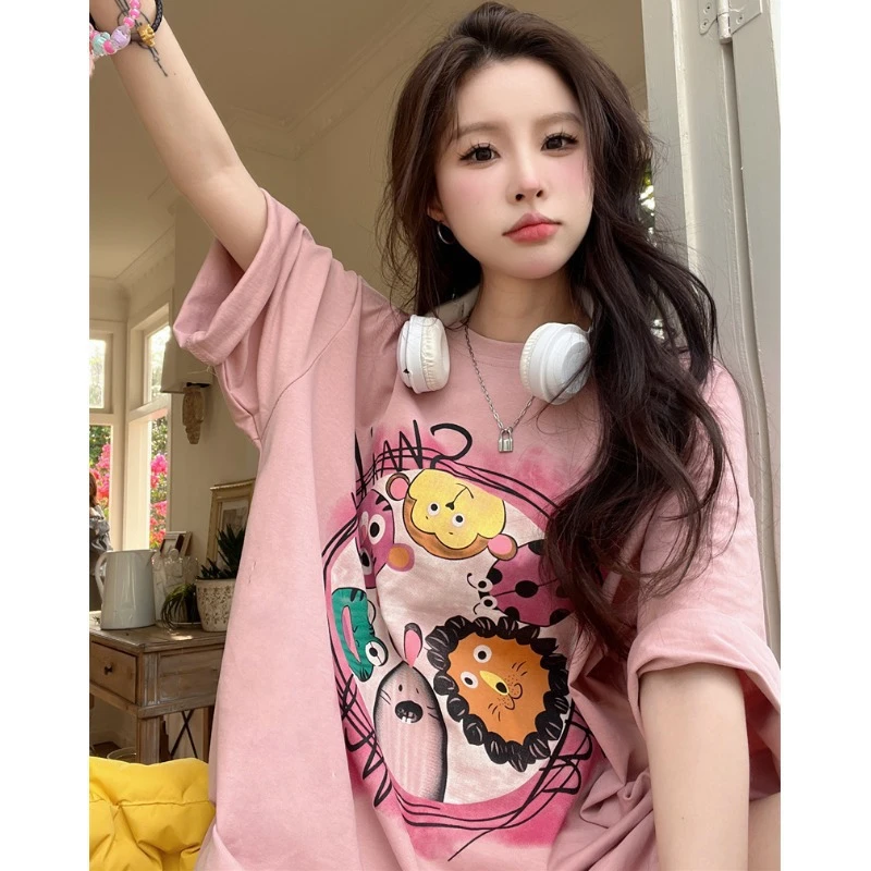 慵懒风卡通印花粉色短袖t恤女ins潮夏季新款短袖体恤休闲宽松慵懒