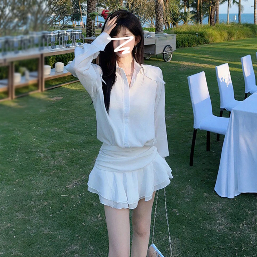 白色假两件长袖衬衫连衣裙子女装夏季2025新款小个子法式气质短裙