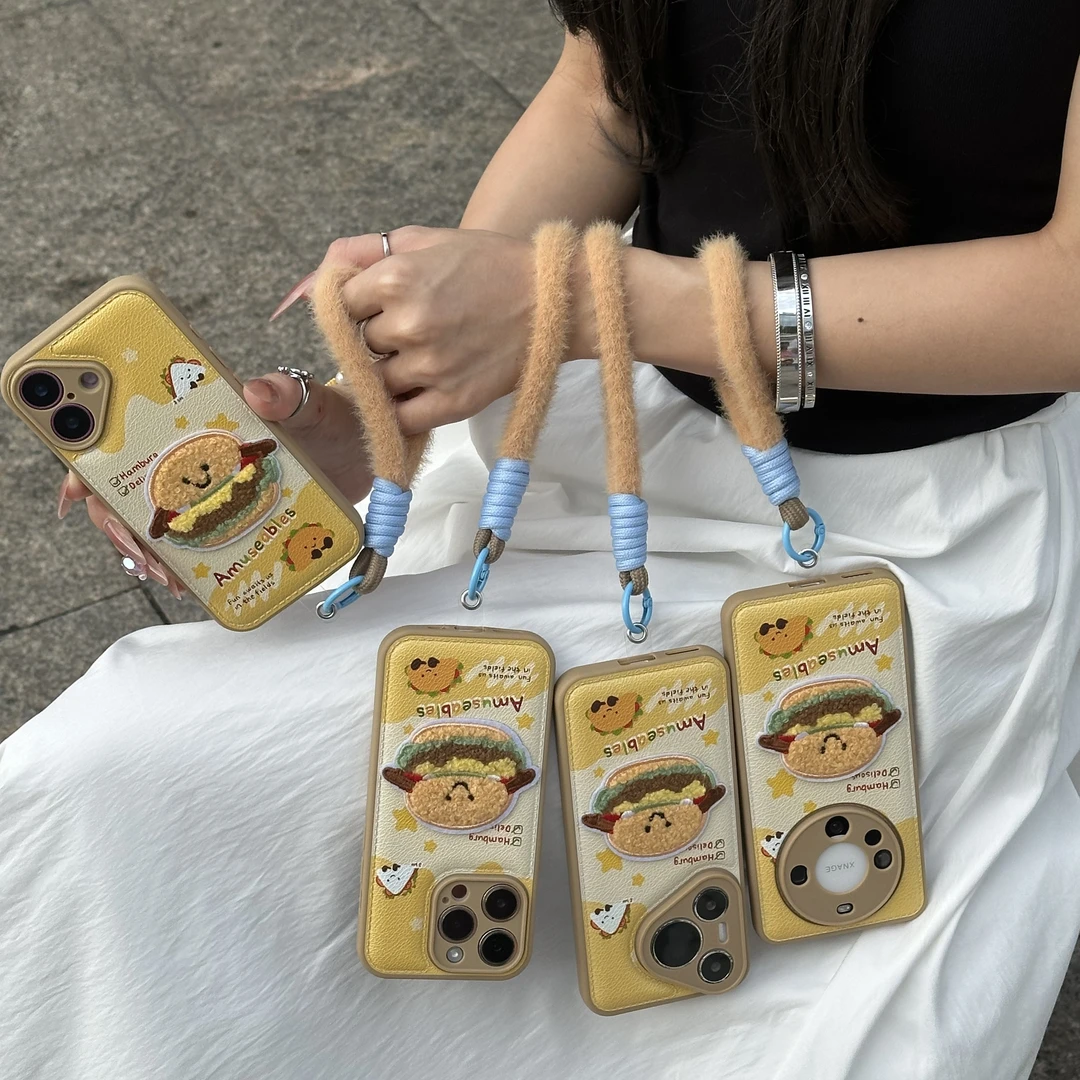 欧克里里刺绣汉堡挂绳适用苹果16/17手机壳小米14vivoppo华为P70