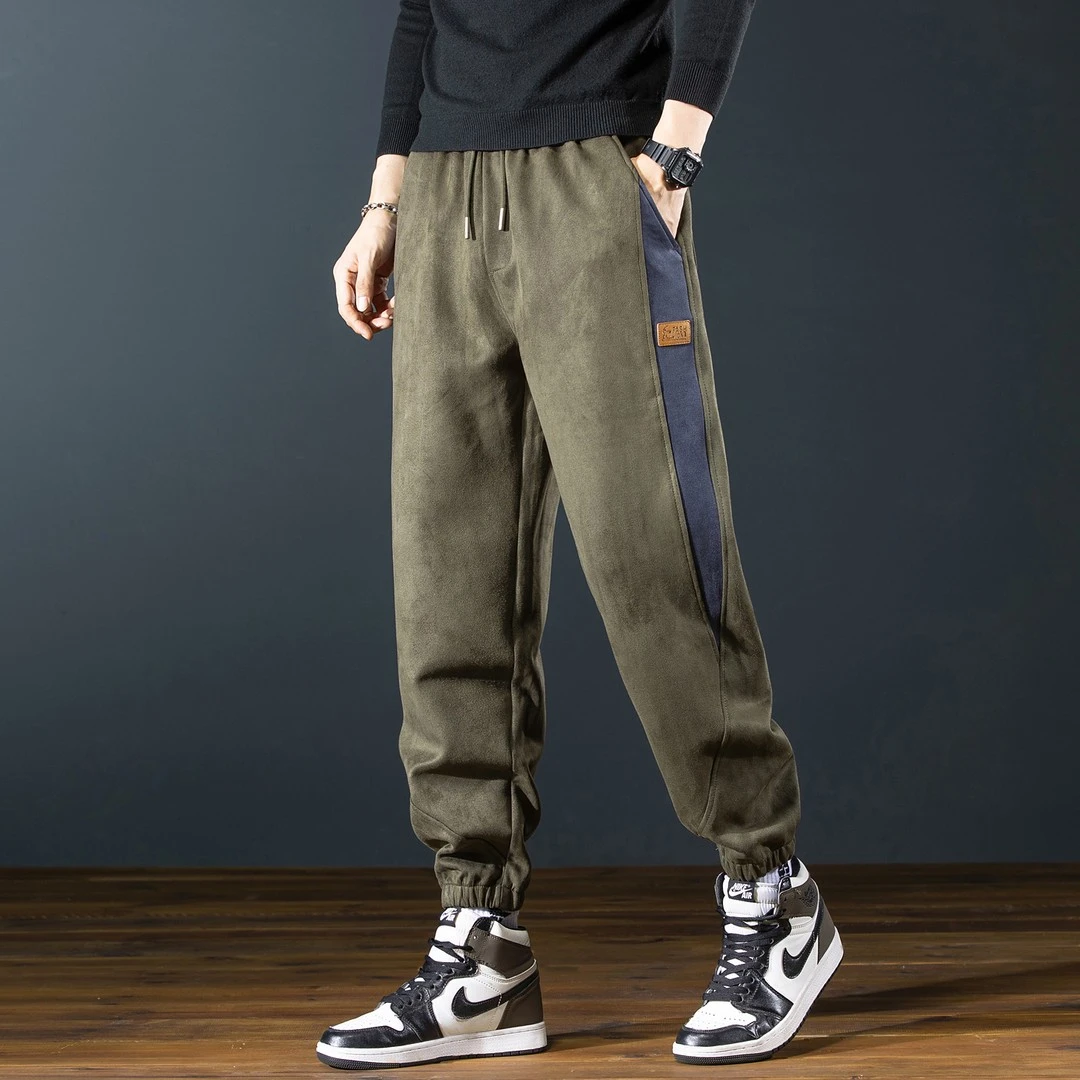美式复古户外拼接休闲裤男款2025秋冬高端麂皮绒宽松束脚运动卫裤