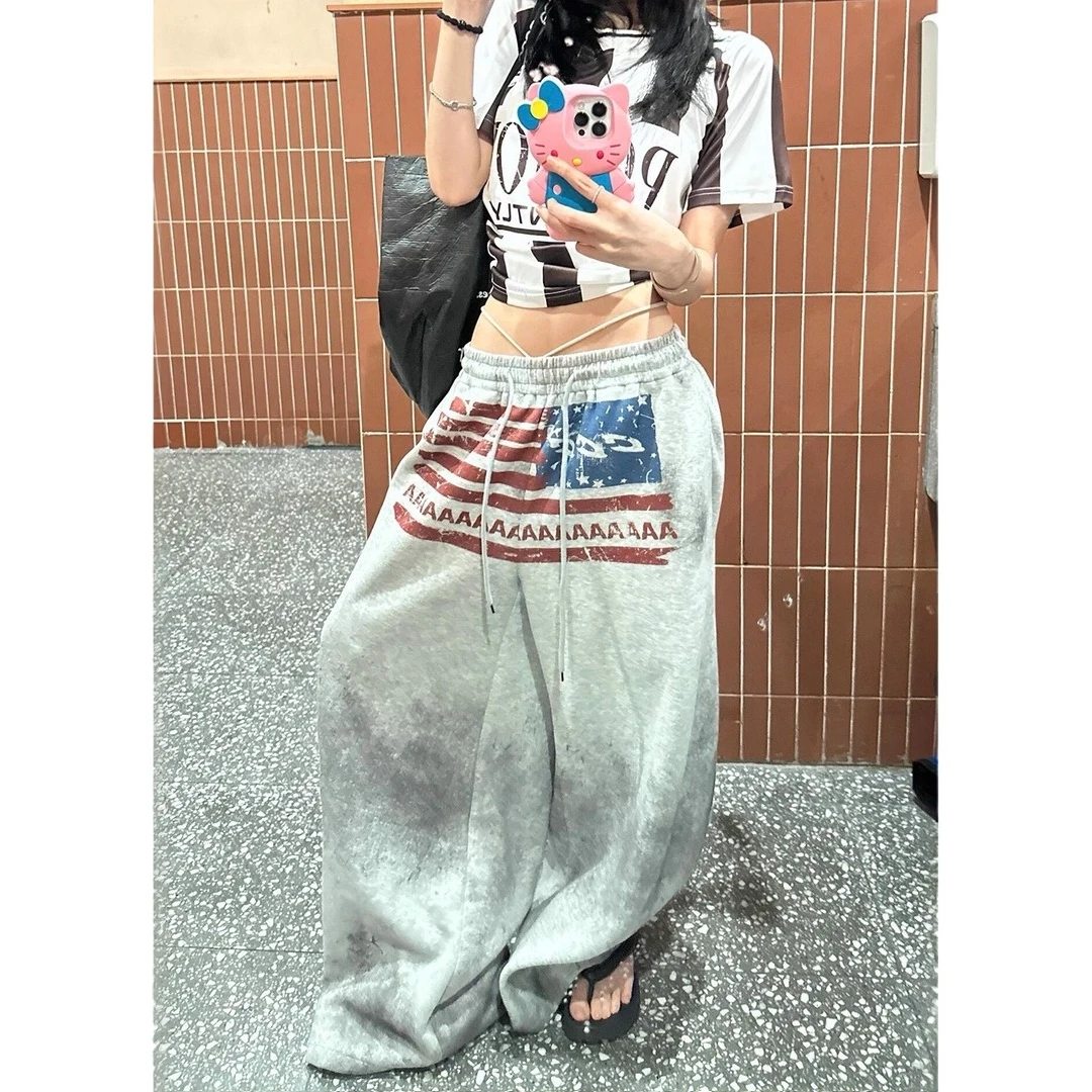 美式复古灰色印花抽绳阔腿卫裤男女街头跳舞裤子运动休闲宽松长裤