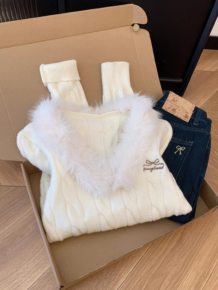 秋冬法式时尚V领长袖针织衫女穿搭拼接毛领修身显瘦打底衫上衣潮